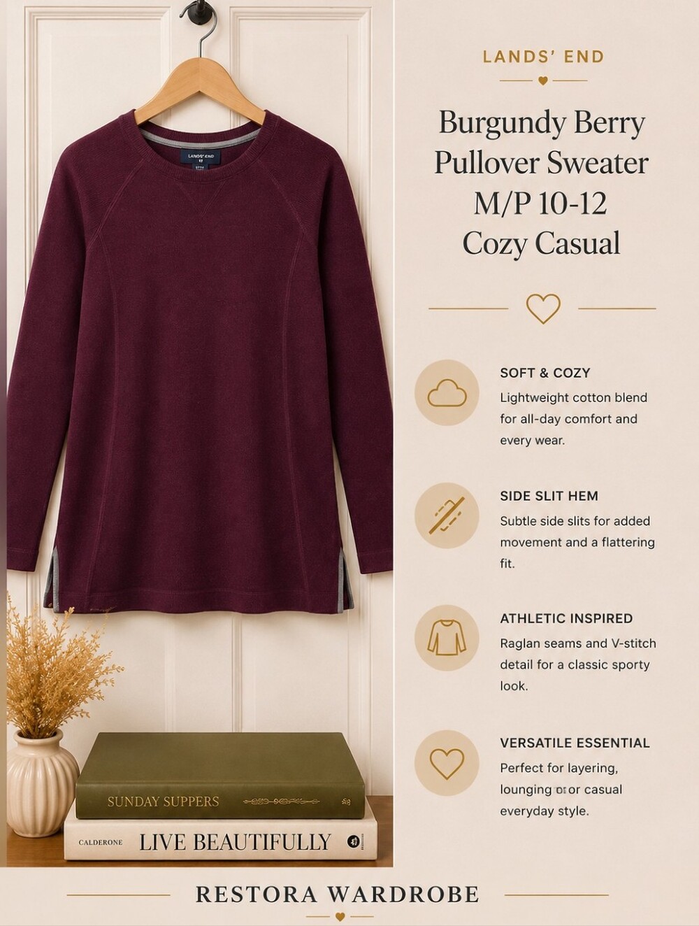 Lands' End Burgundy Tunic Sweater Long Sleeve Petite M Cozy